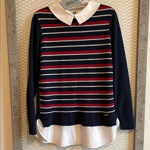 Tommy Hilfiger Striped Navy Sweater with White Collar